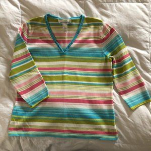 Striped 3/4 Sleeve V-Neck Sweater, Size Large